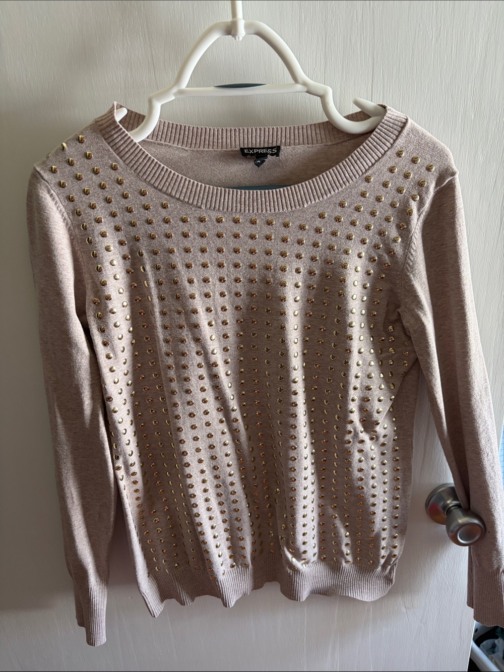 Express Beige Crewneck Sweater with Gold Studs